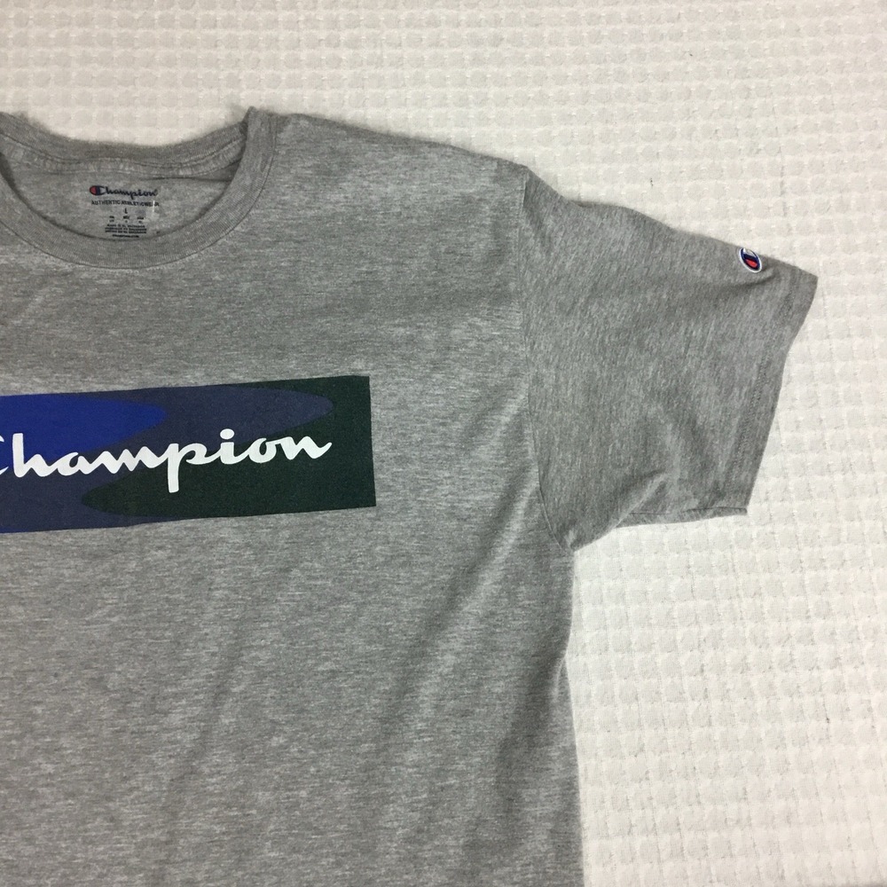 Champion Mens Graphic‎ T-Shirt Large Gray Slim Fit Camo Box Logo Short Sleeve - Picture 6 of 8